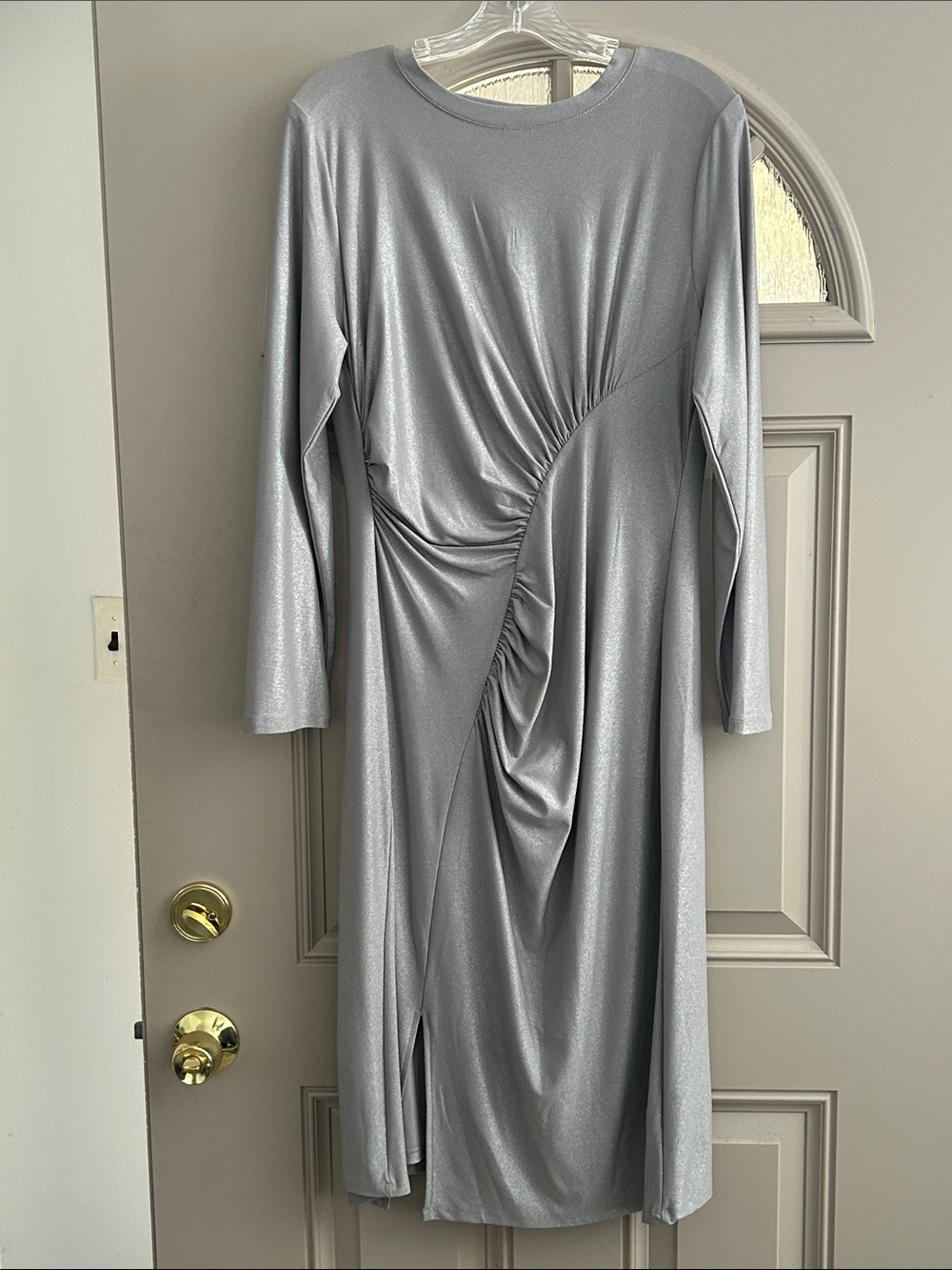 Tommy Hilfiger Silver Long-Sleeve Ruched Midi Dress